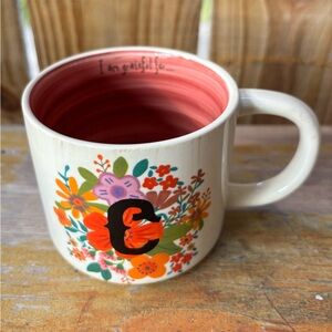 Natural Life Initial Letter C “I Am Grateful For” Floral Art Hand Sculpted Mug